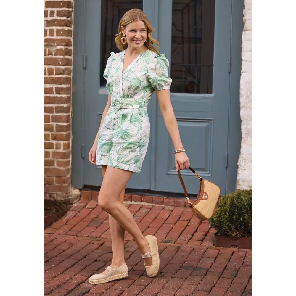 Sewing Down South x Crown & Ivy Dress Elise V Neck Belted Sleeve Tropical Romper